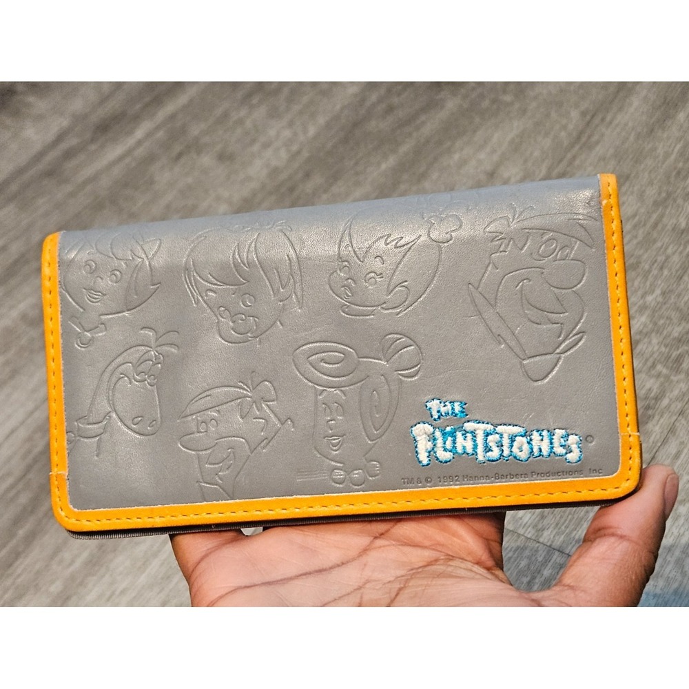 Vintage THE FLINTSTONES WALLET CHECKBOOK Leather HANNA BARBERA 1992 Gray Orange